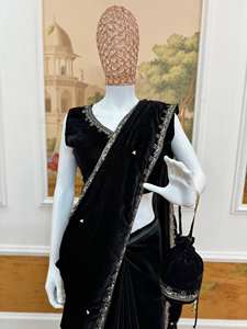 Sari de terciopelo elegante de buena calidad D FASHION GURU, largo hasta el suelo, con bordado elaborado, borde de encaje de lujo, de secado rápido, estilo Bollywood para fiestas - Product Image 3