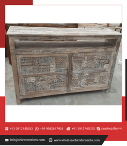 Armoire à blocs à 2 portes en bois de récupération d'intérieur antique sculptée à l'ancienne pour chambre à coucher, bureau, salon, utilisation en extérieur - Product Image 5