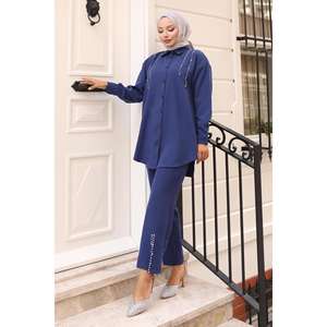 Ensemble décontracté 2 pièces noir avec détails perles 19259 100% polyester col rond manches longues longueur midi décoration en tissu - Product Image 6