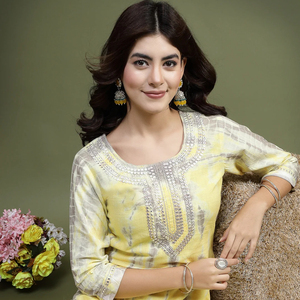 Kurta d'été pour femmes, en coton brodé, manches longues, coupe droite, style régulier, col rond, imprimé floral jaune, motif ethnique - Product Image 1