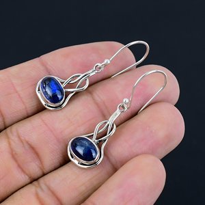Vintage Style 925 Sterling <b>Silver</b> Kyanite Drop Earrings Indian Handmade Customizable Unisex Women's Jewelry - Product Image 4