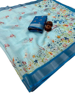 Cotton Crape <b>Fabric</b> with Beautiful HD Kalamkari Style Print Trending Bentex Zari Weaving Border for Party Occasions - Product Image 1