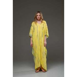 Women Yellow Tie Dye Kaftan Maxi <b>Dress</b> V Neck <b>Loose</b> Fit Long <b>Dress</b> Boho Beach Wear Caftan For Summer - Product Image 1