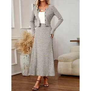 Women'<b>s</b> Long-Sleeve Button-Front <b>Blouse</b> <b>and</b> High-Waisted A-Line Long Skirt with Brushed Fabric, Two-Piece Set, 28603 - Gray - Product Image 4