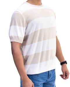 เสื้อยืดถักลายทางวินเทจ สีเบจและสีขาว ลายทางแนวนอน สำหรับผู้ชาย เสื้อยืดเนื้อผ้าพรีเมียม แขนสั้น รับสกรีนโลโก้ - Product Image 4