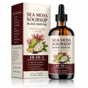Suplemento <span class=keywords><strong>de</strong></span> Bienestar Mayorista 10 en 1 con Gotas <span class=keywords><strong>de</strong></span> Aceite <span class=keywords><strong>de</strong></span> Semilla Negra <span class=keywords><strong>de</strong></span> Guanábana y Musgo Marino, 120ml, con <span class=keywords><strong>Ashwagandha</strong></span> y Raíz <span class=keywords><strong>de</strong></span> Jengibre, OEM - Product Image 1