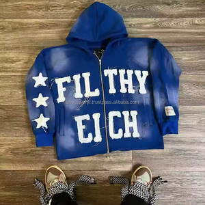 2025 nouveau Vintage Crop 100% coton lourd fermeture éclair thermique en détresse broderie Patch tailles américaines lavage à l'acide sweats à capuche pour hommes - Product Image 2