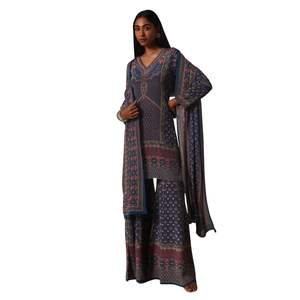 ชุด Kurta Sharara ประดับด้วยสีฟ้าพร้อมรายละเอียดการพิมพ์และงานหิน dupatta สำหรับงานปาร์ตี้งานแต่งงาน - Product Image 2