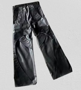 Pantalon décontracté pour homme à taille haute en cuir PU noir, écologique, lourd, ample, extensible, à jambe évasée, avec cordon de serrage, coloré - Product Image 3