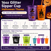 Gobelet en plastique 16oz à logo personnalisé, motif Sugar Skull et paillettes, pour le Jour des Morts et Halloween, réutilisable, avec couvercle et paille, vente en gros usine