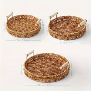 Set of 3 Handwoven Eco Friendly Wood Organizer Rectangle Storage <b>Baskets</b> Brown Dishwasher Safe Commercial Grade Laundry <b>Tray</b> - Product Image 5