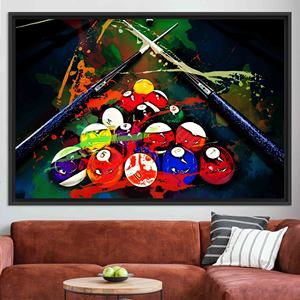 Tableau sur toile imprimé moderne : élégant art mural en verre trempé sur le thème du billard, toile encadrée noire - Product Image 1