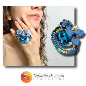 Anillo Chic Azul, Artesanía Italiana, Único, Hecho en Italia, Latón con Rodio, Bisel de Flor, Casual/Deportivo, Hecho a Mano, con Cuentas de Piedras Preciosas - Product Image 2