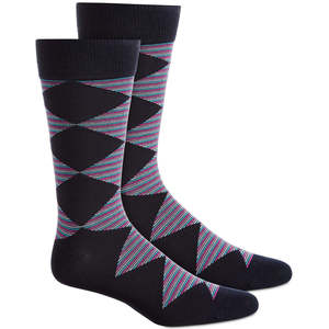 Calzini da Uomo Alfani a Righe con Motivo a Diamante, Taglia Unica, Antiscivolo, in Spandex, Personalizzabili, Blu con Motivo Jacquard e Logo sul Polsino - Product Image 1