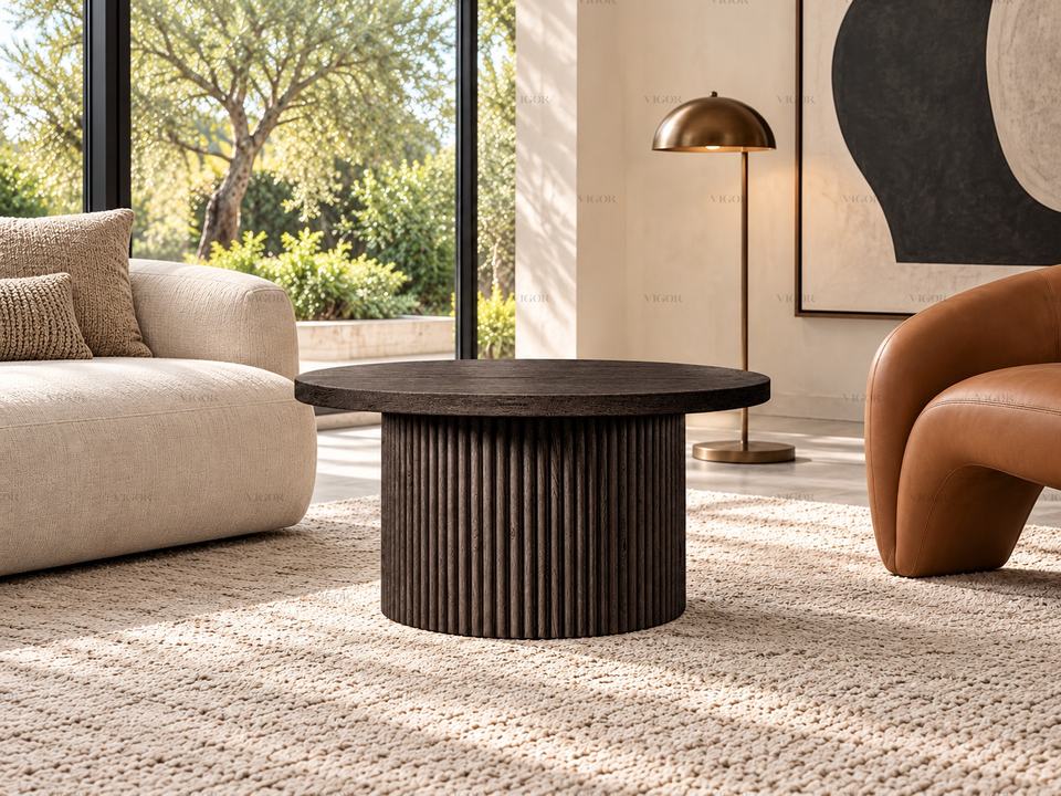Modern Table Top Pattern VIGOR Elegant Living Room Furniture Round Accent Table With Ribbed Drum ...