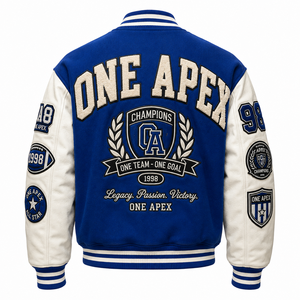 Custom Royal Blue & <b>White</b> <b>Men's</b> Hooded V-Neck Baseball Letterman <b>Jacket</b> Single Button Closure 100% Cotton/Wool Winter OEM/ODM - Product Image 2