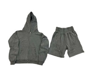 ชุดเซ็ตเสื้อฮู้ดดี้ซิปแบบมีซิปและกางเกงขาสั้นสไตล์สตรีทแวร์สำหรับผู้ชาย  ตกแต่งด้วยโลโก้แบบสั่งทำ ลวดลายฟอกสี  ประดับคริสตัล  ตัวอักษรปัก  และดีไซน์ขาดๆ - Product Image 5