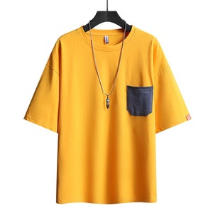 เสื้อยืดผ้าฝ้ายถักแขนสั้นสำหรับผู้ชายทรงพอดีตัวมีกระเป๋าสีตัดกันแฟชั่นฤดูร้อน - Product Image 5