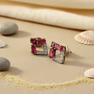 Boucles d'oreilles clous en rubis et diamant pour femmes, plaquées or et or rose 14 carats, bijoux vintage tendance avec pierre principale en zircon, or 14 carats - Product Image 1