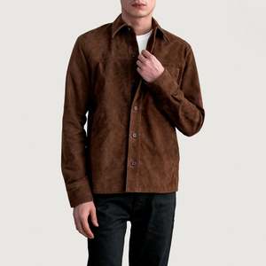 Camisa Casual de Gamuza Color Moca para Hombre, Cuello Alto Moderno, Mangas Largas, Tallas hasta 6XL, Otoño Invierno, Forro de Viscosa, Bolsillo en el Pecho - Product Image 1