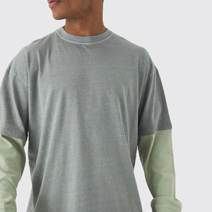 Camisa corta de manga larga lavada de doble capa para hombre 2025 transpirable 100% algodón tejido de punto con cuello redondo pesado - Product Image 4