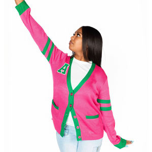 Cárdigan de punto de algodón a rayas AKA Varsity personalizado para mujer, cuello en V, logotipo de invierno, suéter, botón, letras griegas, estilo informal - Product Image 1