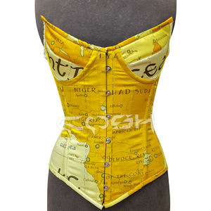 Corset sur mesure en satin à motif de carte vintage, jaune, avec baleines en acier, pour la mode et le cosplay - Product Image 1