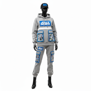 Conjunto Deportivo de Felpa Premium para Mujer, 320 GSM, Algodón y Poliéster, Gris con Paneles Azules, Sudadera con Capucha y Pantalones Jogger, Logotipo Personalizado, Tallas Grandes - Product Image 5