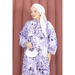 Vestido Morado de Ganchillo Transpirable con Patrón de Gotas y Media Abotonadura, Estilo Casual de Moda, Corte Imperio, Talla Única 2XL 3XL para el Día a Día, Cuello Mandarín - Product Image 2