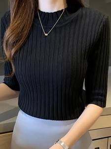 Nueva y elegante Camiseta de manga corta de punto acanalado, camiseta elegante sólida, suéter de poliéster 100% para mujer, ropa de mujer de Bangladesh - Product Image 3