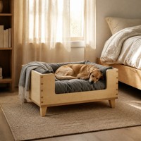 Erhöhtes Hundebett aus Massivholz mit Grauem Kissen, Erhöhte Hundehütte für Mittelgroße und Große Hunde, Modernes Wohnzimmermöbel