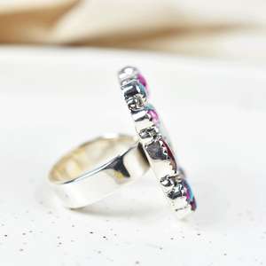 Anillo de declaración ajustable de plata de ley con ajuste de bisel de corte ovalado turquesa Dalia Rosa hecho a mano para boda y fiesta - Product Image 4