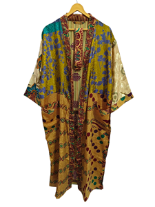 ชุดคลุมอาบน้ำผ้าไหมส่าหรีรีไซเคิลชุดคลุมยาวชุดคลุมสำหรับกลางคืนชุดกิโมโนผ้าไหมส่าหรีแบบรีไซเคิลลายดอกไม้สไตล์วินเทจ - Product Image 4