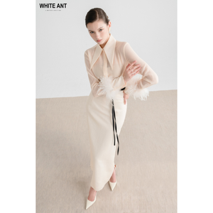 Blusas y camisas de mujer de manga larga de marca vietnamita ESBER BLUSA DE PLUMA DE MANGA LARGA Tela de triacetato transparente Precio al por mayor - Product Image 1