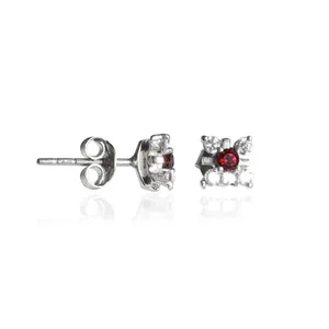 925 Silver Stud <b>Earrings</b> <b>Garnet</b> Center Round Brilliant Cut Diamonds Flower Shape Classic Women's Jewelry Everyday Wear - Product Image 2