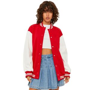 Veste universitaire décontractée pour femme en laine/nylon matelassée avec manches contrastées, surdimensionnée, manches en PU blanc, streetwear, vêtements d'extérieur - Product Image 1