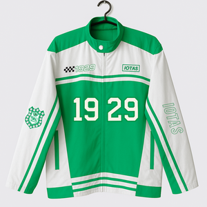 Iota Phi Lambda Sorority Chaqueta de carreras de sarga de algodón con cierre Cremallera Chaqueta de carreras personalizada de alta calidad para mujeres - Product Image 1