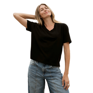 T-shirt court noir pour femme, col en V, 100% coton biologique pré-rétréci, certifié GOTS, doux, respirant, coupe classique, été - Product Image 3