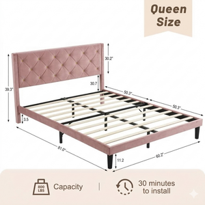 Lit plateforme capitonné de luxe moderne avec tête de lit haute à cannelures verticales, taille King, en tissu personnalisé pour hôtel, vente en gros - Product Image 3