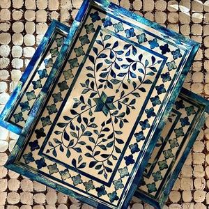 Plateau de service rond en os incrusté artisanal de luxe avec motif floral et feuille complexe, table basse décorative par f s i - Product Image 1