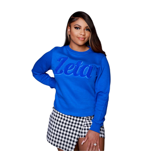 Solide Zeta Chenille sweat coton polaire brodé grec sororité Zeta Phi Beta bleu pull col rond pour les femmes - Product Image 1