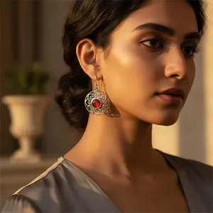 Boucles d'oreilles pendantes et créoles en argent 925 avec nœud celtique pour femmes, ornées de cornaline et de diamants, disponibles en or 14K, or 18K et or rose 14K (pierre principale) - Product Image 2