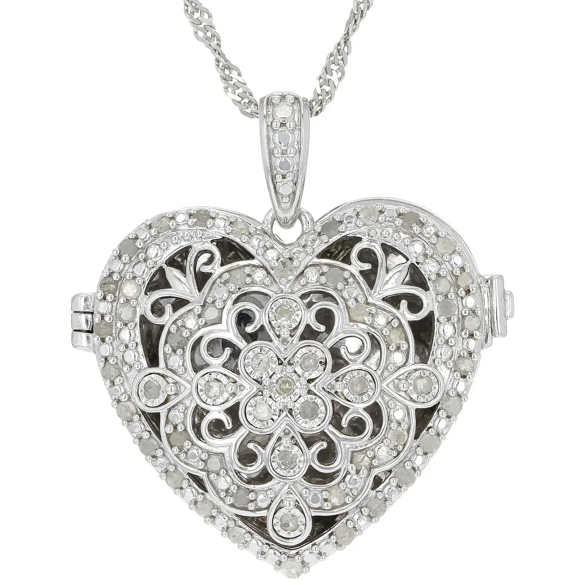 Witte Diamant Rhodium Over Sterling Zilveren Hart Medaillon Hanger Met Singapore Ketting, Een Tijdloze Uitdrukking Van Liefde En Charme