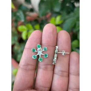925 Silver Floral <b>Stud</b> <b>Earrings</b> with Natural <b>Emerald</b> Cut Vintage Rose Gold White Gold Cute Romantic for Wedding or Engagement - Product Image 2