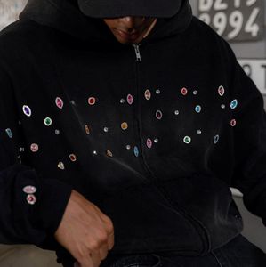 Sweat-shirt à capuche unisexe personnalisé en coton French Terry déchiré délavé ample à fermeture éclair vintage délavé à l'acide avec strass pour hommes - Product Image 1