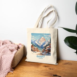 Banff Alberta Canada Design Heavy Duty <b>Tote</b> Bag Durable Cotton <b>Canvas</b> and PU Material Open Closure for Travel in All Seasons - Product Image 1