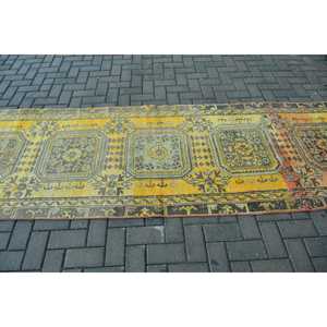 3.3x10.3 ft Turkish Runner Rug, Vintage <b>Yellow</b> Ombr Rug - Product Image 3