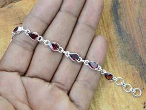 Pulsera de Plata de Ley con Granate Rojo, Joyería de Piedras Preciosas Ajustable Hecha a Mano, Elegante Pulsera para Mujer, Regalos - Product Image 3