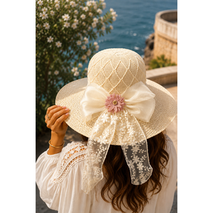 Sombrero de Paja Flexible Crema con Lazo de Tul Floral de Verano, Bordado a Mano, Estampado, para Playa y Fiesta, Hecho de Rafia de Trigo - Product Image 1