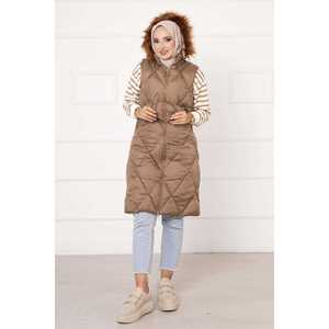 Chaleco Largo Acolchado para Mujer con Patrón Baklava Color Bronceado, Exterior de Lona con Cierre de Cremallera, Decoración de Piel, Estilo Casual con Detalle de Botones - Product Image 4